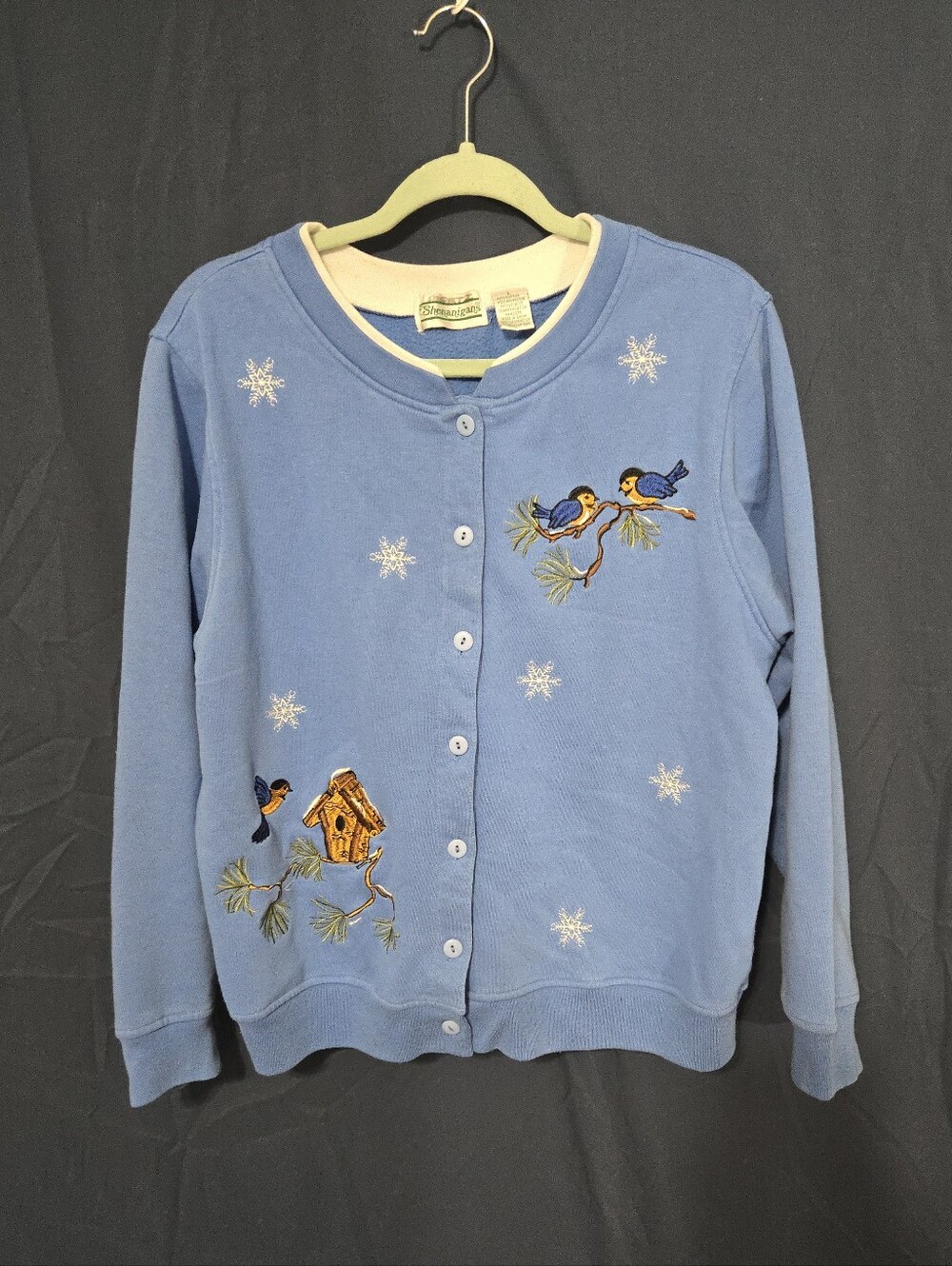 Vintage Shenanigans Cardigan Sweater - Embroidered Winter Holiday Scene - Size L